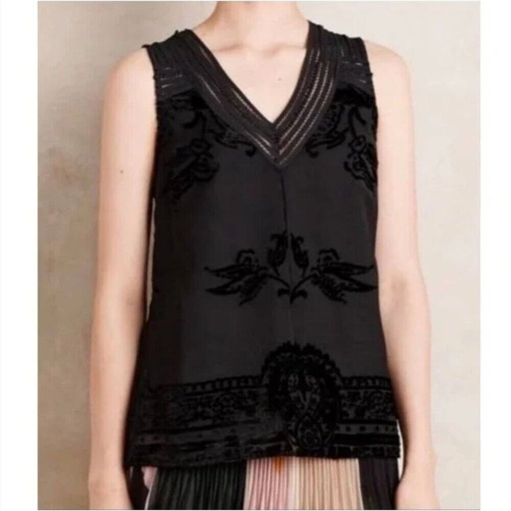 ANTHROPOLOGIE Meadow Rue Fanya Burnout Black Floral Velvet Blouse Medium Like NE